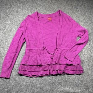 Elle Sweater Cardigan Women's Large Fuchsia Pink Ruffle Waist Tie‎ Preppy Chic